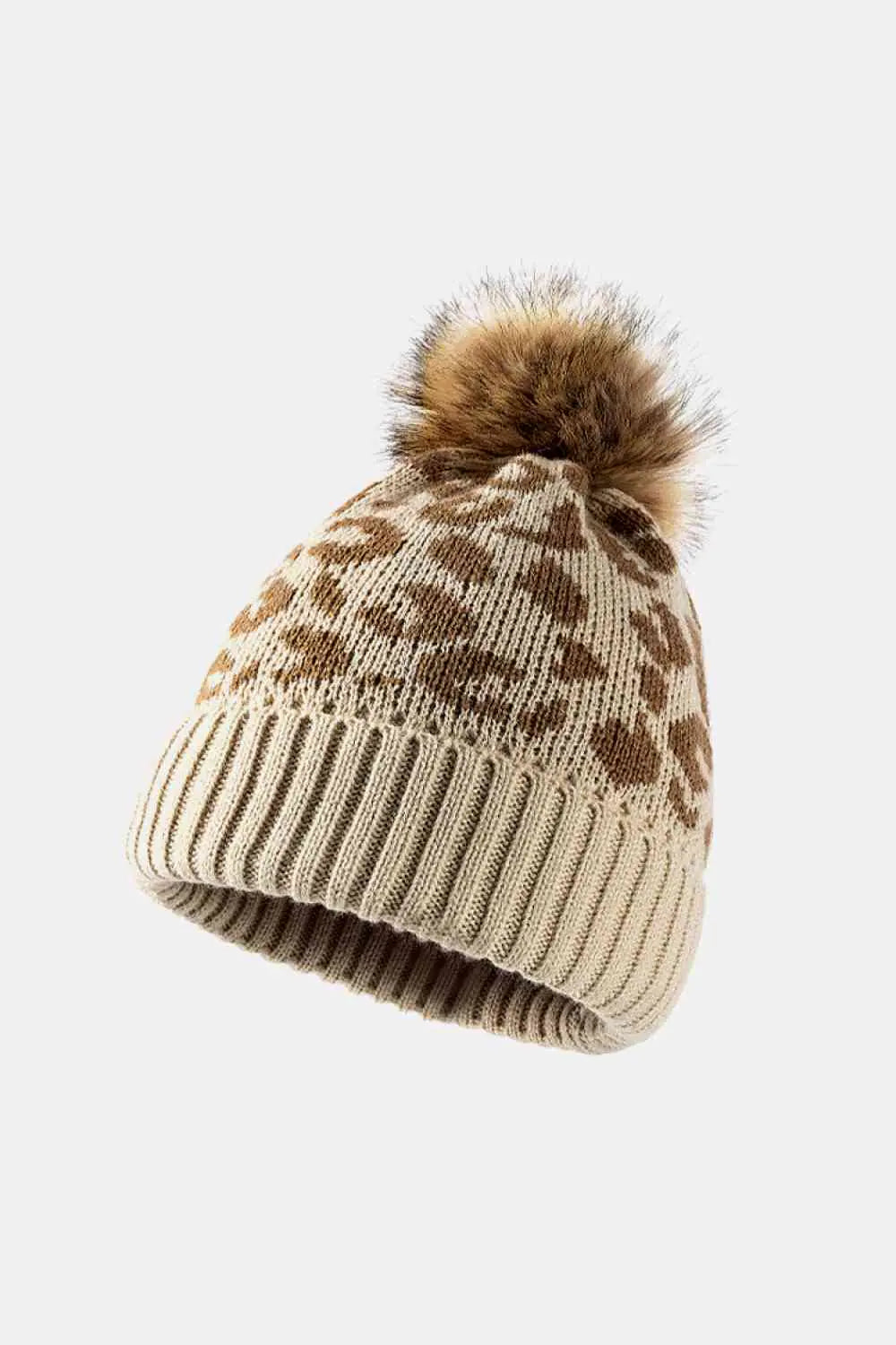 Leopard Print Pom-Pom Beanie Women's Winter Hat