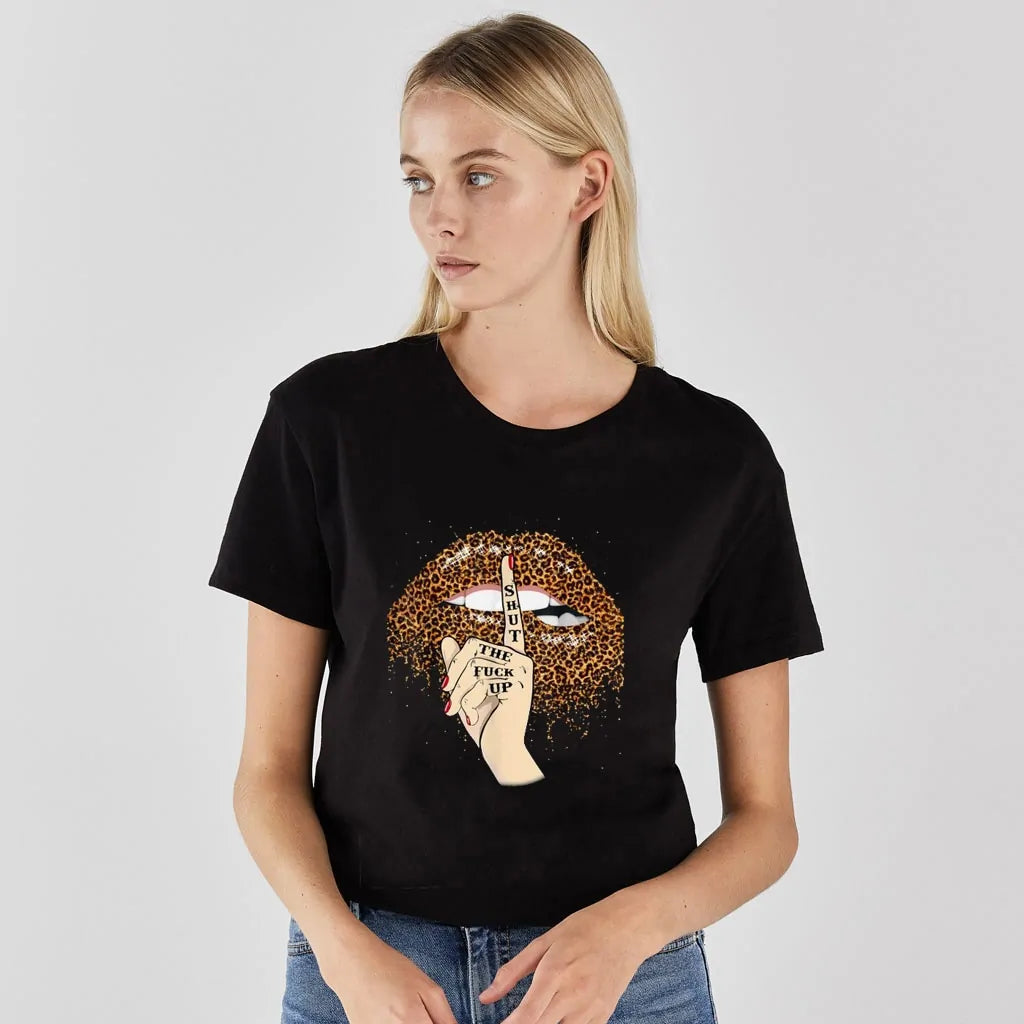 Stylish Women's Leopard Print Lips & Love T-Shirt Trendy & Chic