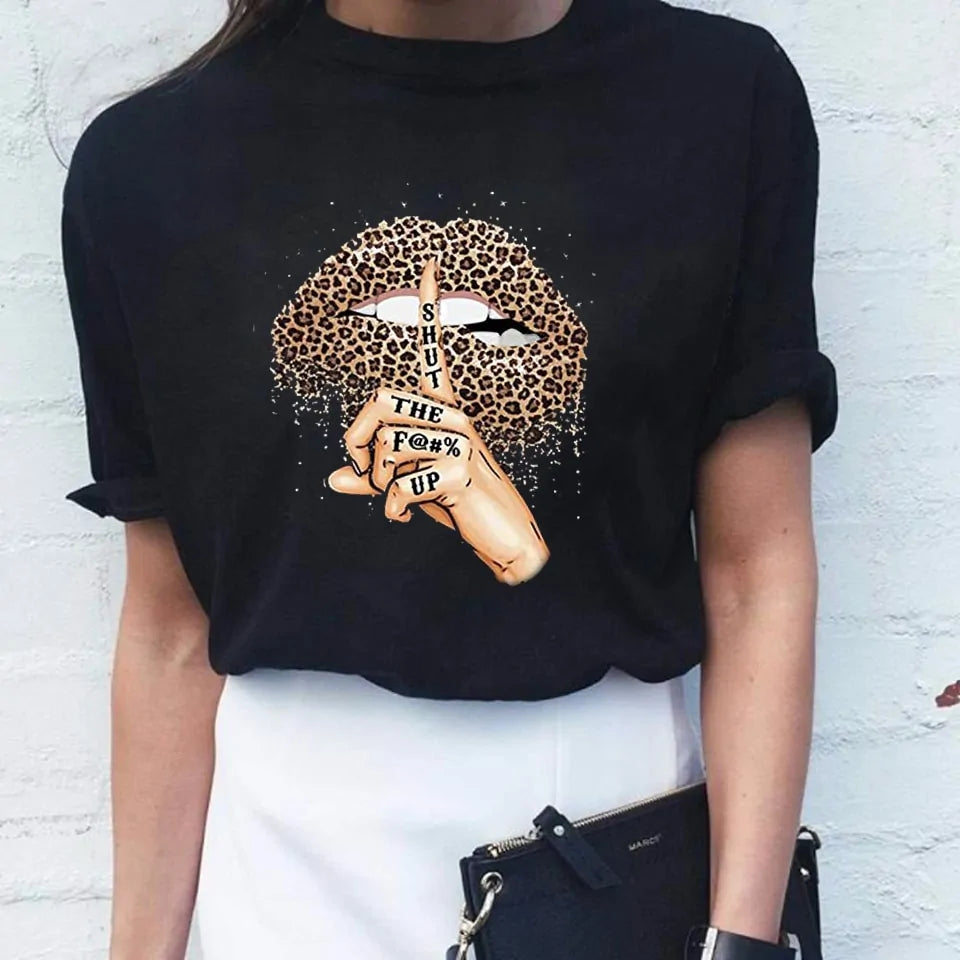 Stylish Women's Leopard Print Lips & Love T-Shirt Trendy & Chic