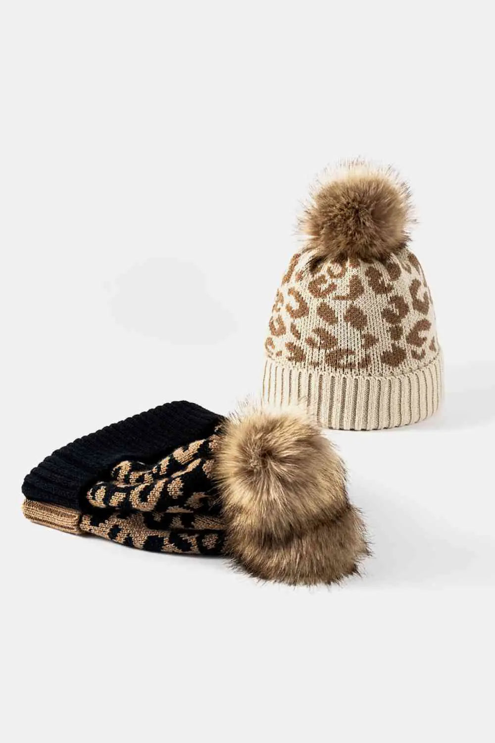 Leopard Print Pom-Pom Beanie Women's Winter Hat