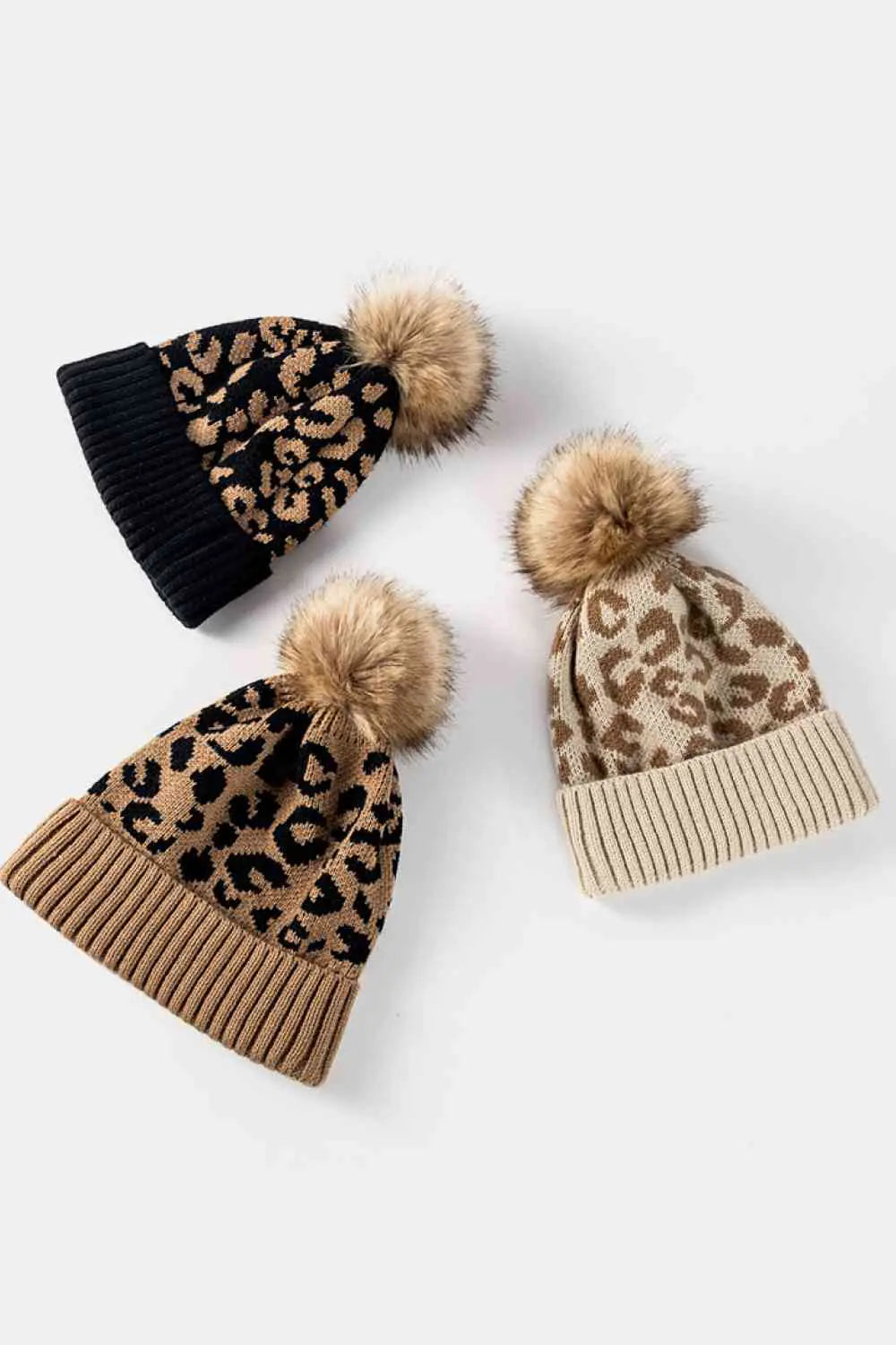 Leopard Print Pom-Pom Beanie Women's Winter Hat