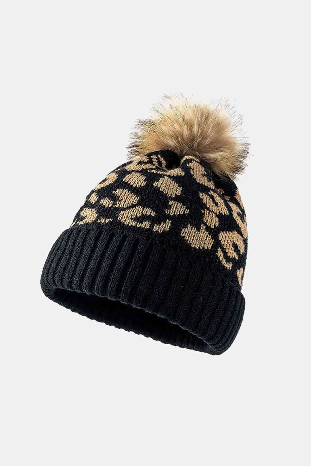 Leopard Print Pom-Pom Beanie Women's Winter Hat