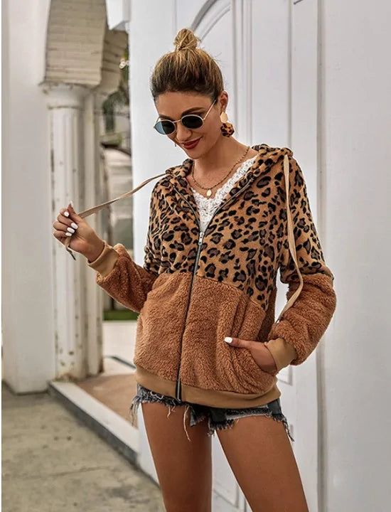 Leopard PrintFur Soft Hoodie Coat for Women