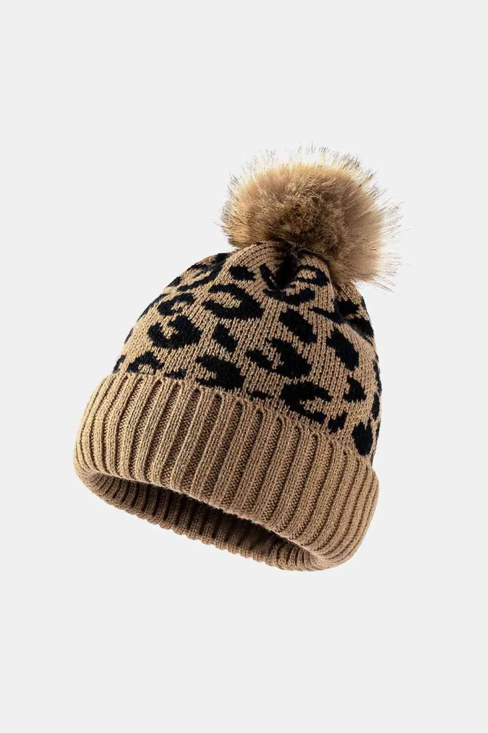 Leopard Print Pom-Pom Beanie Women's Winter Hat