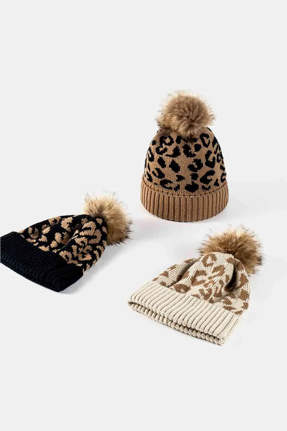 Leopard Print Pom-Pom Beanie Women's Winter Hat