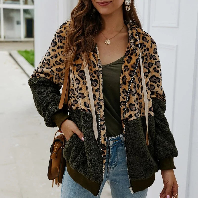 Leopard PrintFur Soft Hoodie Coat for Women