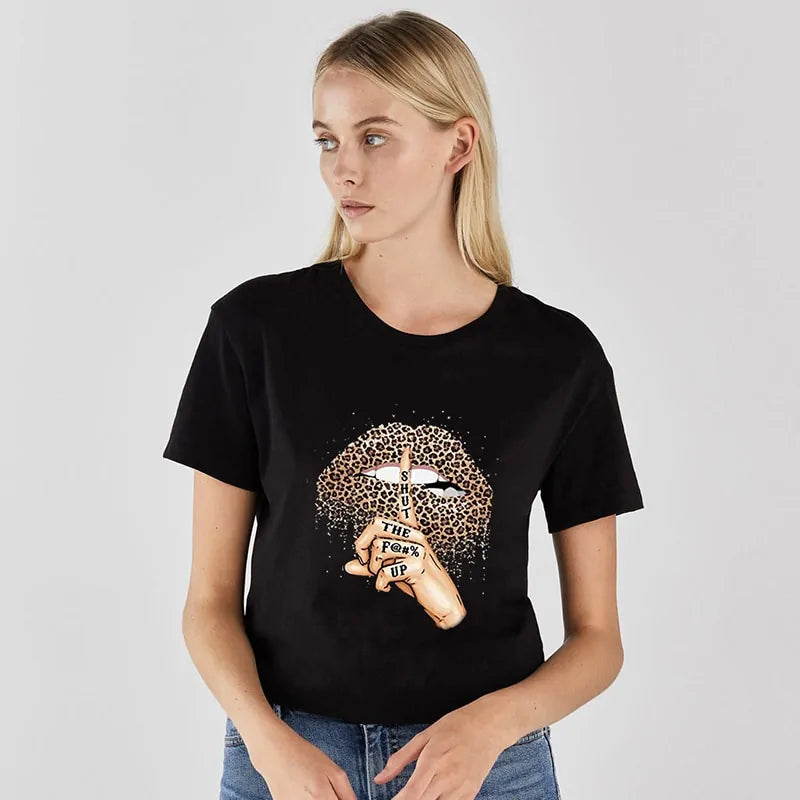 Stylish Women's Leopard Print Lips & Love T-Shirt Trendy & Chic